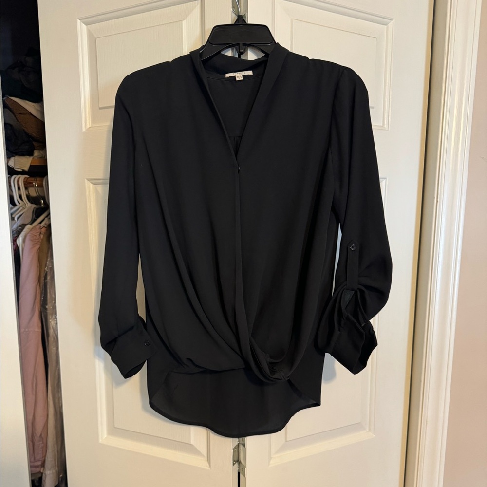 PLEIONE Black Faux Wrap High-Low Long Sleeve blouse